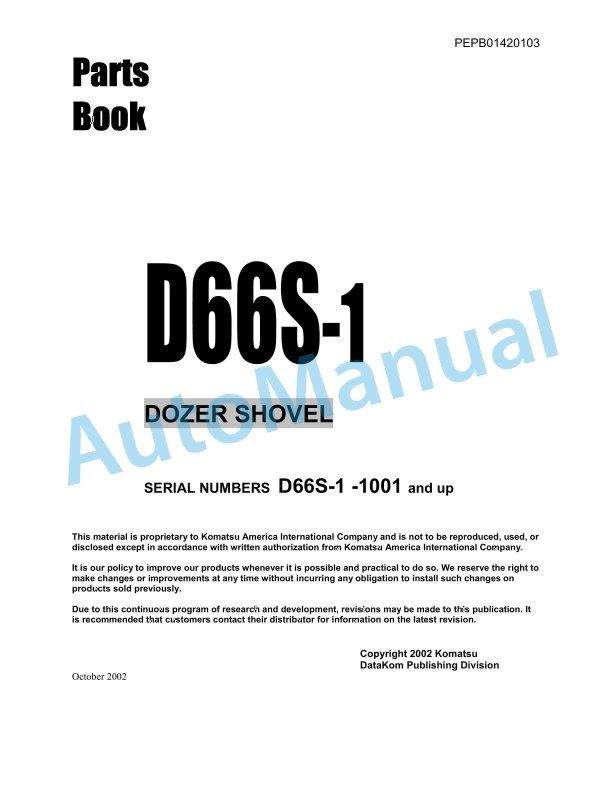 Komatsu D66S-1 Dozer Shovel Parts Manual PEPB01420103