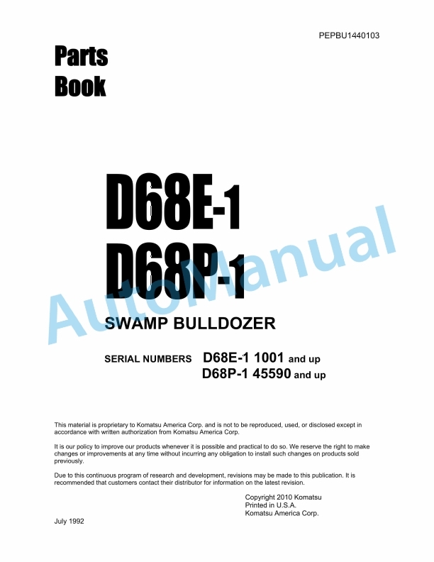 Komatsu D68E-1, D68P-1 Swamp Bulldozer Parts Manual PEPBU1440103