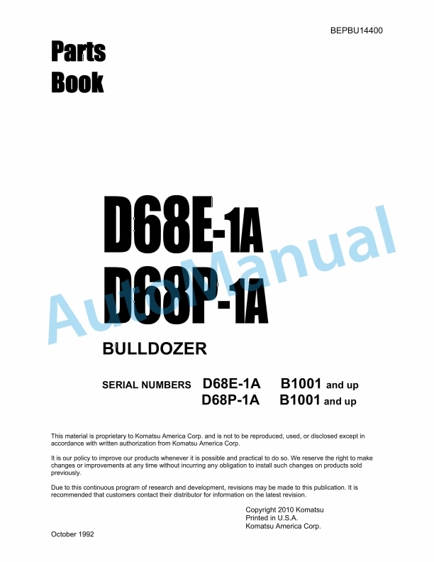 Komatsu D68E-1A, D68P-1A Bulldozer Parts Manual BEPBU14400