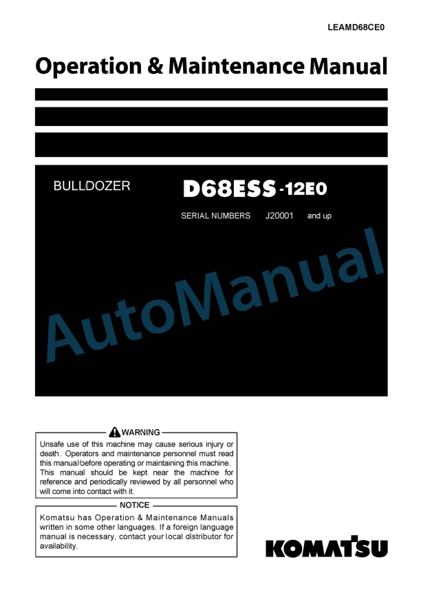 Komatsu D68ESS-12E0 Bull Dozer Operation and Maintenance Manual LEAMD68CE0