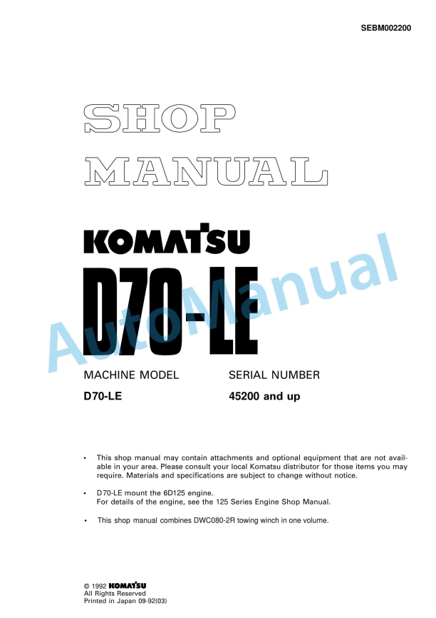 Komatsu D70-LE Bull Dozer Shop Manual SEBM002200