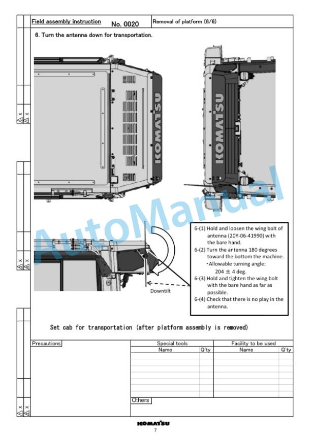 Komatsu D71EXi-24E0, D71PXi-24E0 Bull Dozer Field Assembly Instruction GEN00216-01-3
