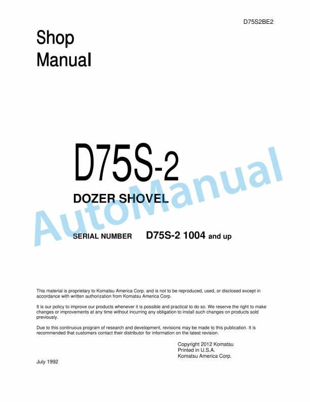 Komatsu D75S-2 Dozer Shovel Shop Manual D75S2BE2