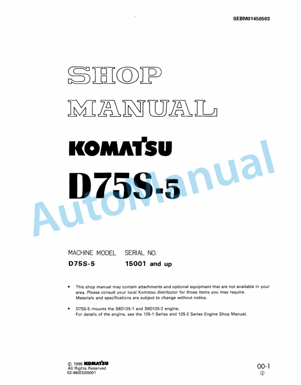 Komatsu D75S-5 Shop Manual SEBM01450503