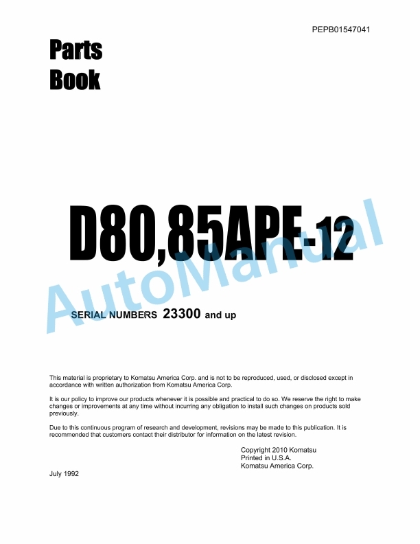 Komatsu D80APE-12, 85APE-12 Bulldozer Parts Manual PEPB01547041