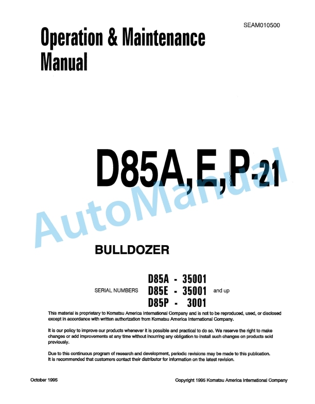 Komatsu D85A-21, D85E-21, D85P-21 Bull Dozer Operation and Maintenance Manual SEAM010500