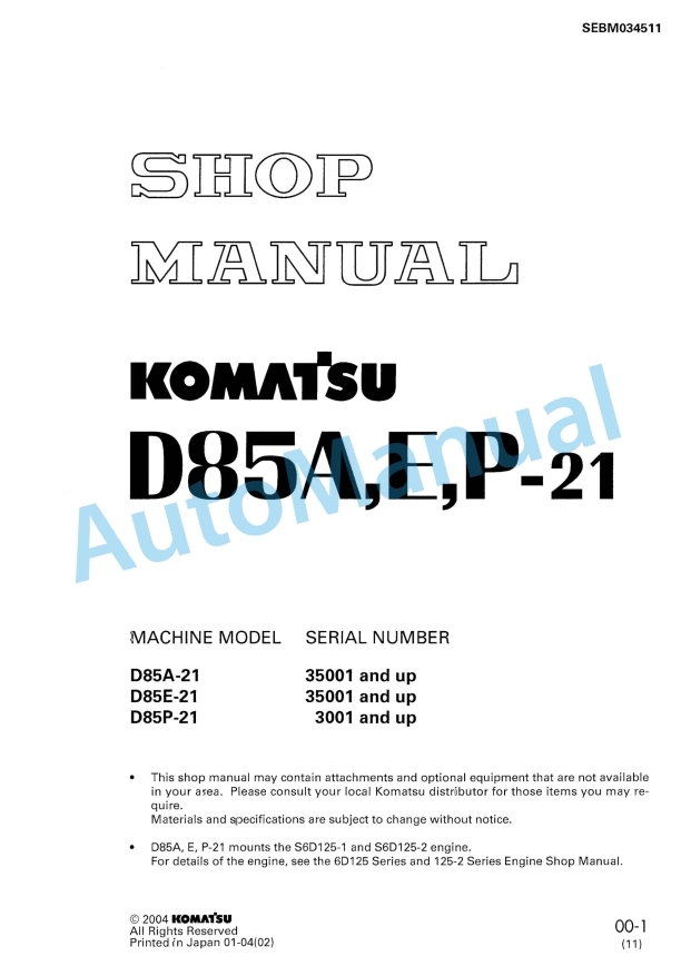 Komatsu D85A-21, D85E-21, D85P-21 Bull Dozer Shop Manual SEBM034511