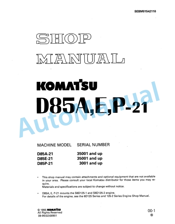 Komatsu D85A-21, D85E-21, D85P-21 Shop Manual SEBM01542110