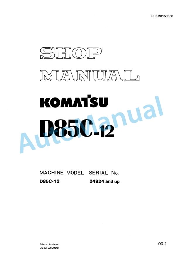 Komatsu D85C-12 PipeLayer Shop Manual SEBM0156B00