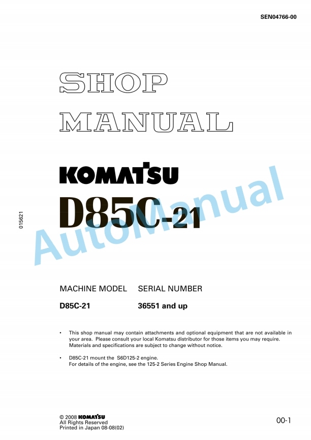 Komatsu D85C-21 PipeLayer Shop Manual SEN04766-00