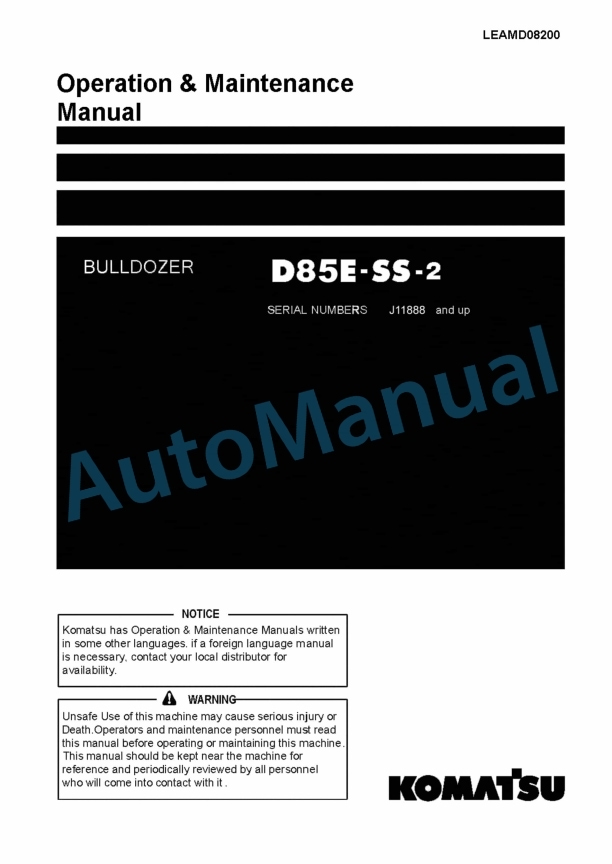 Komatsu D85E-SS-2 Bull Dozer Operation and Maintenance Manual LEAMD08200