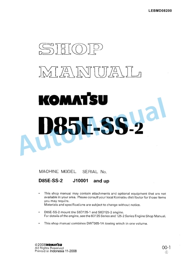 Komatsu D85E-SS-2 Bull Dozer Shop Manual LEBMD08200