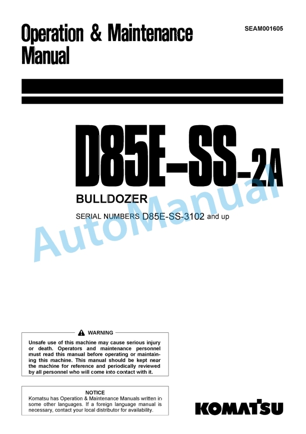 Komatsu D85E-SS-2A Bull Dozer Operation and Maintenance Manual SEAM001605