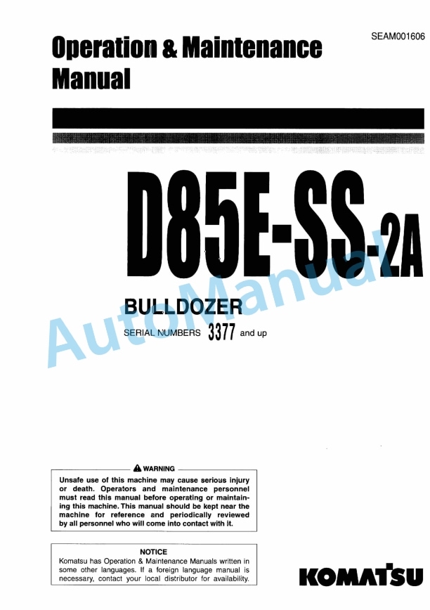 Komatsu D85E-SS-2A Bull Dozer Operation and Maintenance Manual SEAM001606
