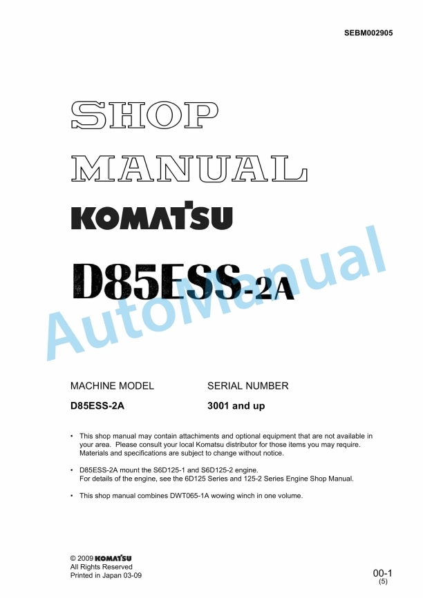 Komatsu D85E-SS-2A Bull Dozer Shop Manual SEBM002905
