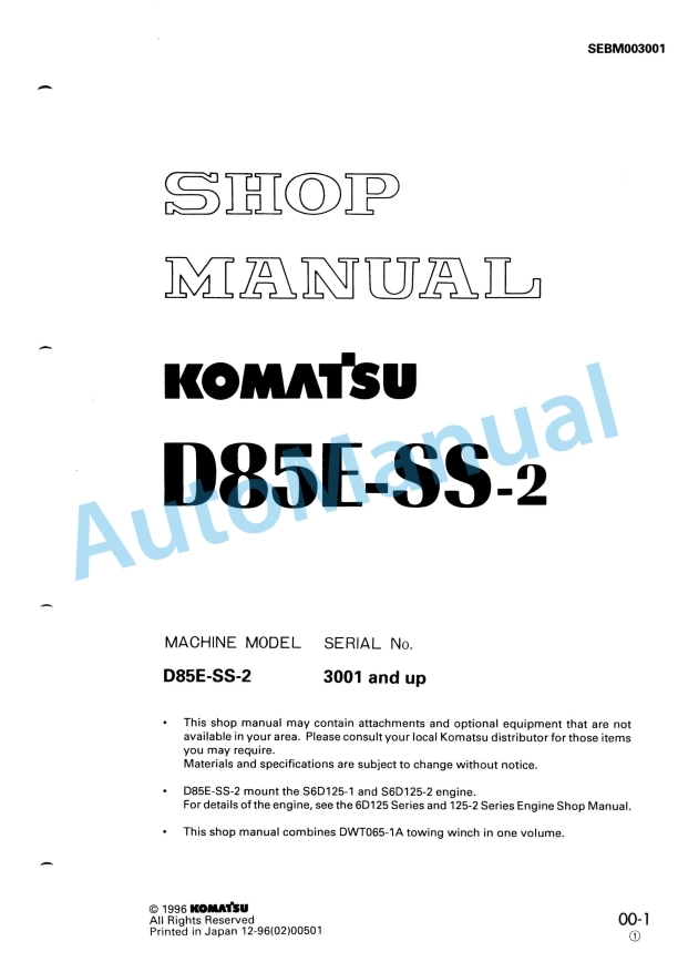 Komatsu D85ESS-2 Crawler Dozer Shop Manual SEBM003001
