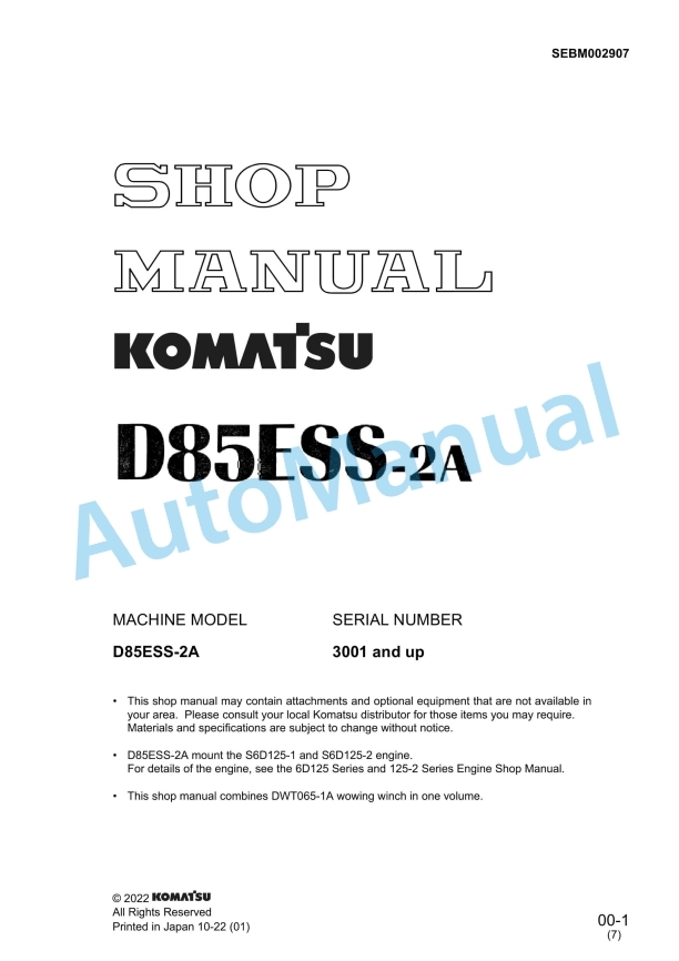Komatsu D85ESS-2A Bull Dozer Shop Manual SEBM002907