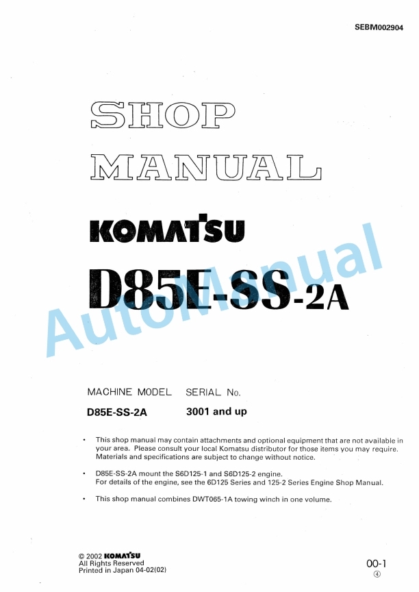 Komatsu D85ESS-2A Crawler Dozer Shop Manual SEBM002904