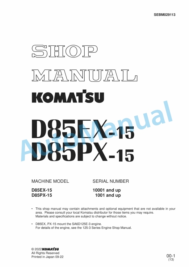 Komatsu D85EX-15, D85PX-15 Bull Dozer Shop Manual SEBM029113