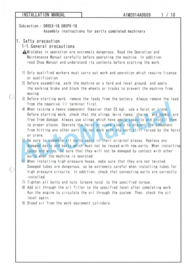 Komatsu D85EX-18, D85PX-18 Bull Dozer Field Assembly Instruction A1M2014A0609-3