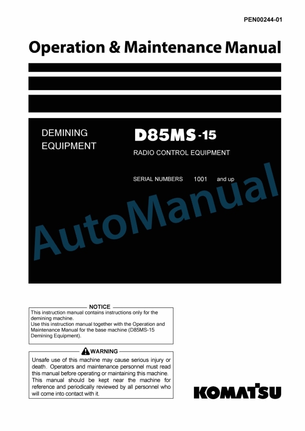 Komatsu D85MS-15 Demining Equipment Operation and Maintenance Manual PEN00244-01