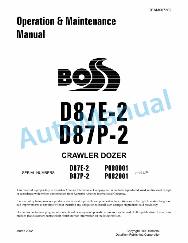 Komatsu D87E-2, D87P-2 Crawler Dozer Operation and Maintenance Manual CEAD007302