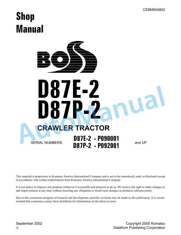 Komatsu D87E-2, D87P-2 Crawler Dozer Shop Manual CEBM004802