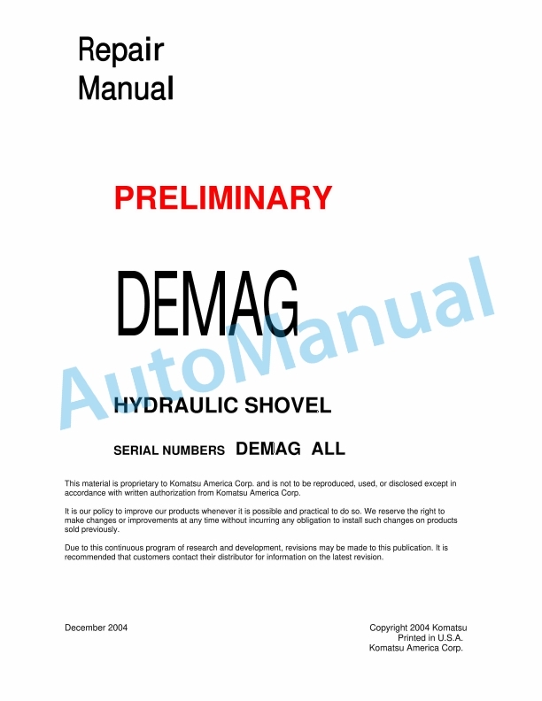 Komatsu Demag Hydraulic Shovel Repair Manual