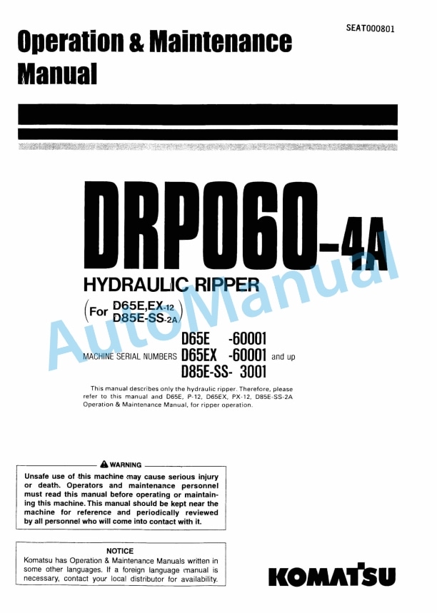 Komatsu DRP060-4A Hydraulic Ripper Operation and Maintenance Manual SEAT000801