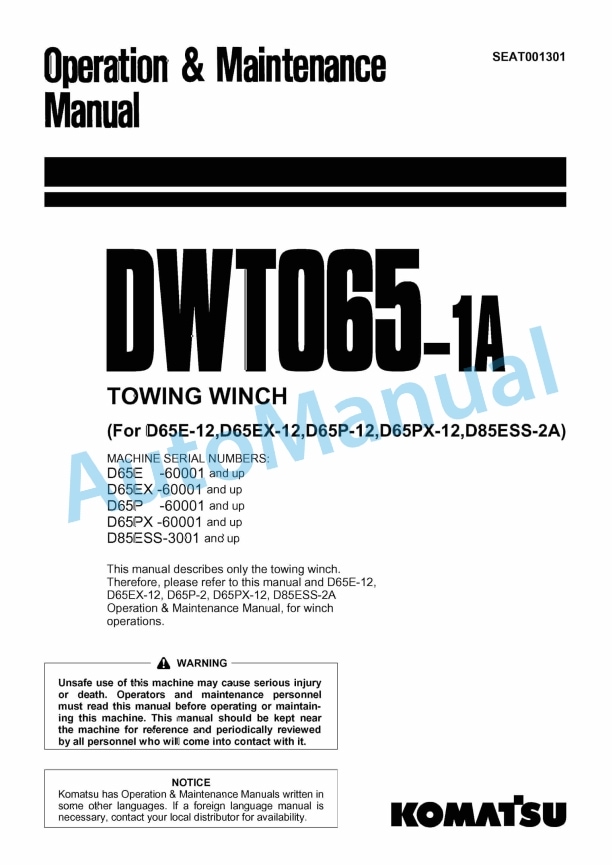 Komatsu DWT065-1A Towing Winch Operation and Maintenance Manual SEAT001301