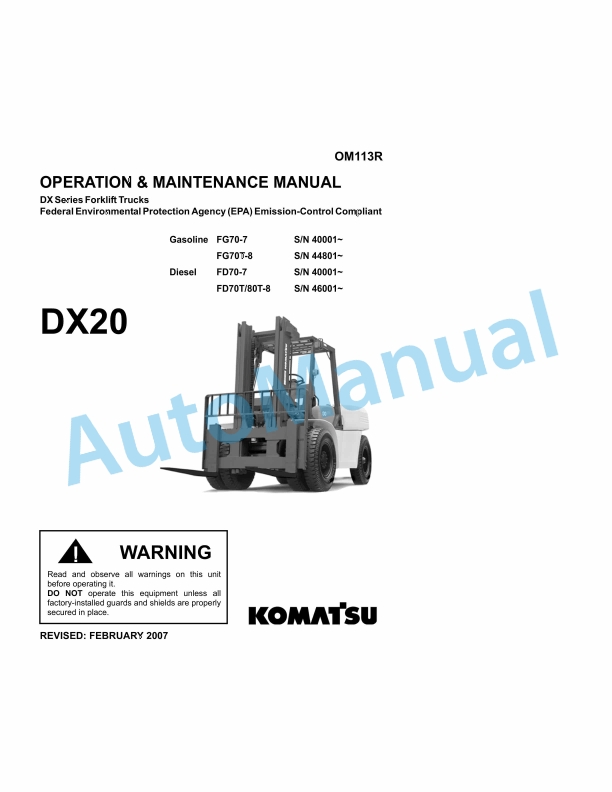 Komatsu DX Series Forklift Truck Operation and Maintenance Manual OM113R