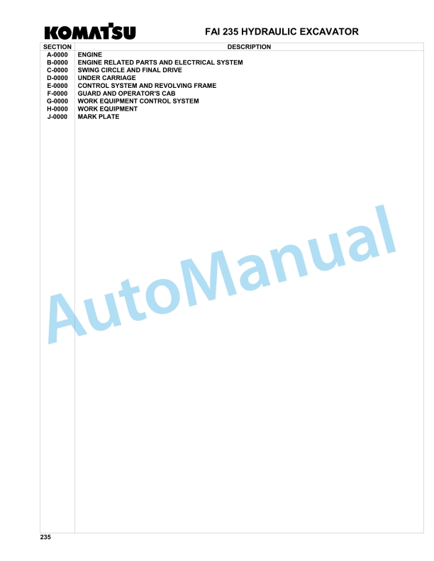Komatsu FAI 235 Hydraulic Excavator Parts Manual 23500014
