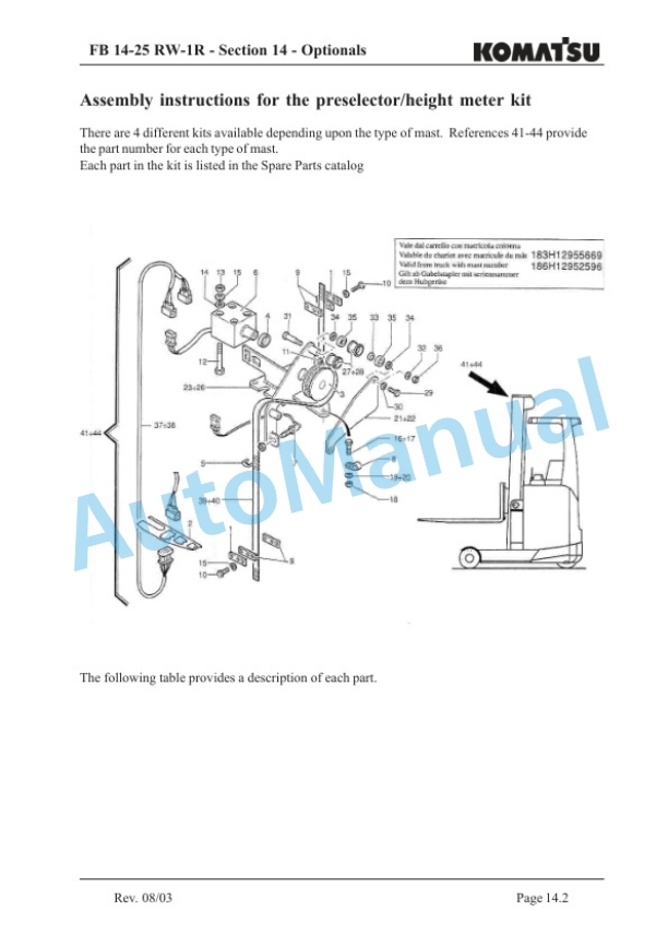Komatsu FB14RW-1R, FB16RW-1R, FB20RW-1R, FB25RW-1R Forklift Truck Parts Manual FB14-25RW-1R-3