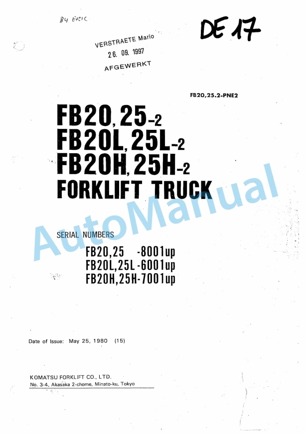 Komatsu FB20-2, FB25-2, FB20L-2, FB25L-2, FB20H-2, FB25H-2 Forklift Truck Parts Manual FB20,25.2-PNE2