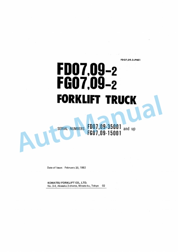 Komatsu FD07-2, FD09-2, FG07-2, FG09-2 Forklift Truck Parts Manual FD07,09.2-PNE1