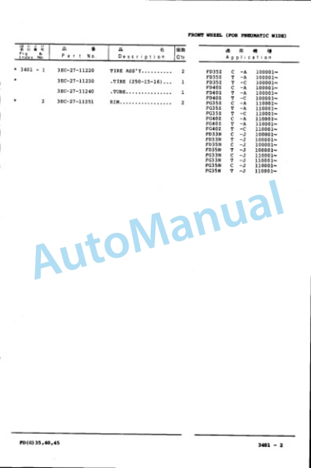 Komatsu FD35-4, FD40-4, FD45-4, FD35Z-4, FD40Z-4, FD33N-4, FD35N-4, FD35H-4, FD40H-4, FD45H-4, FD33S-4, FD35S Parts Manual FD35 45.4-PNE4-3