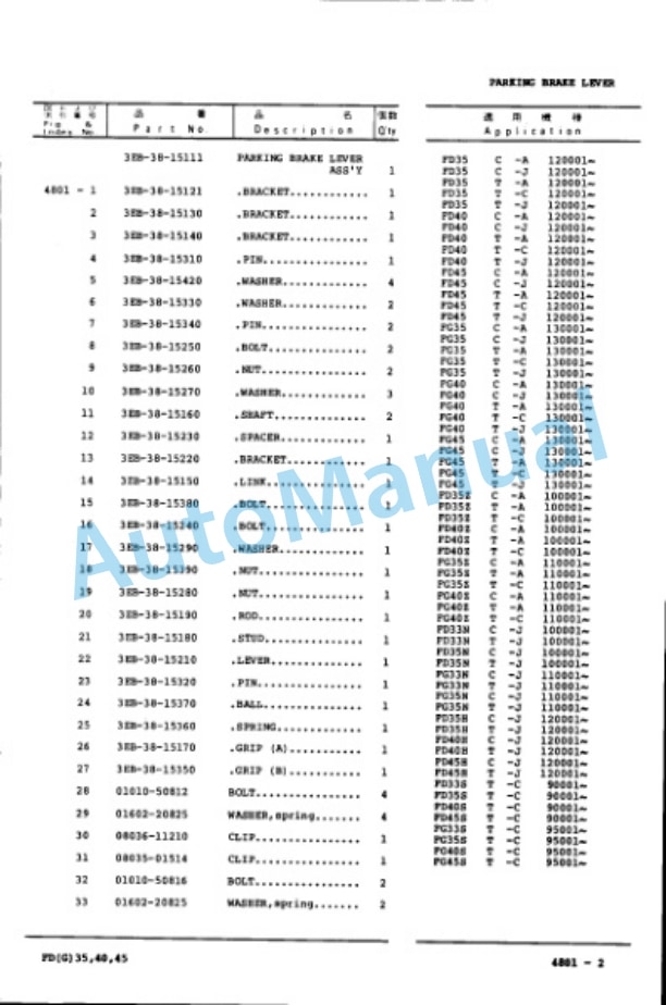 Komatsu FD35-4, FD40-4, FD45-4, FD35Z-4, FD40Z-4, FD33N-4, FD35N-4, FD35H-4, FD40H-4, FD45H-4, FD33S-4, FD35S Parts Manual FD35 45.4-PNE4-4