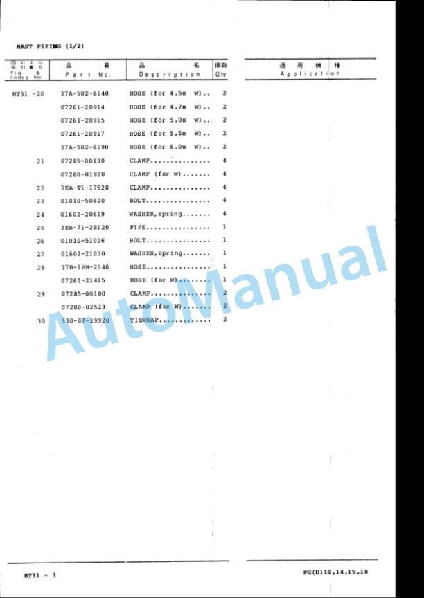 Komatsu FG10-15, FG14-15, FG15-15, FG18-15, FG15H-15, FG18H-15, FD10-15, FD14-15, FD15-15, FD18-15, FD15H-15, FD18H Parts Manual MVT185-PNE1-4