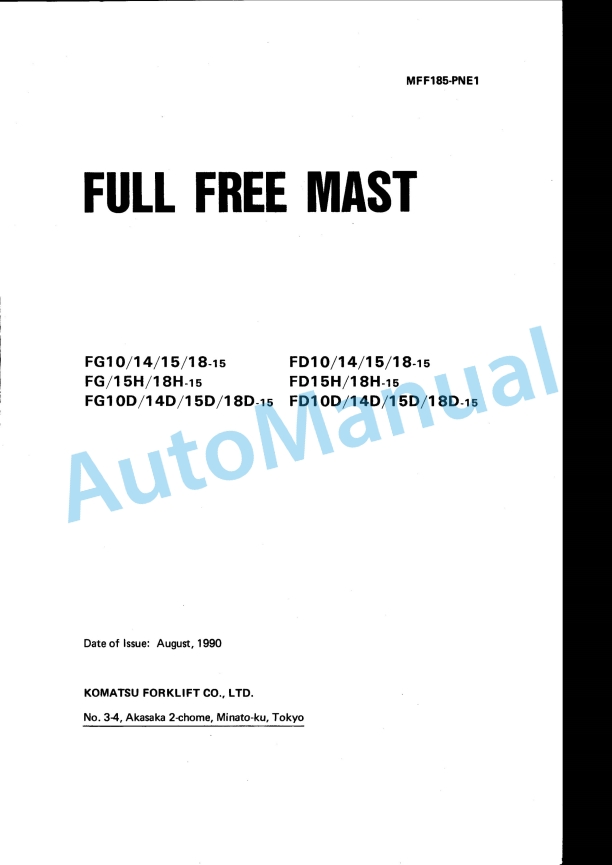 Komatsu FG10-15, FG14-15, FG15-15, FG18-15, FG15H-15, FG18H-15, FG10D-15, FG14D-15, FG15D-15, FG18D-15, FD10 Parts Manual MFF185-PNE1