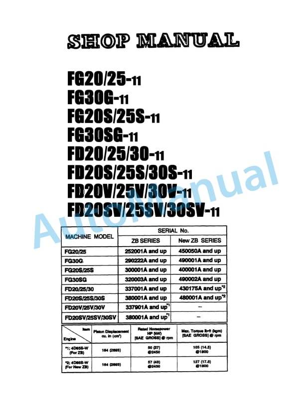 Komatsu FG20-11, FG25-11, FG30G-11, FG20S-11, FG25S-11, FG30SG-11, FD20-11, FD25-11, FD30-11, FD20S-11, FD25S Shop Manual