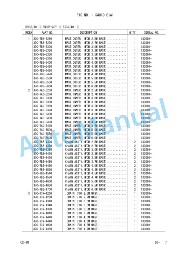 Komatsu FG40Z-10, FG35-10, FG40-10, FG45-10, FG50A-10, FD40Z-10, FD35-10, FD40-10, FD45-10, FD50A-10, FD40YZ Parts Manual PEC10E1-03-5
