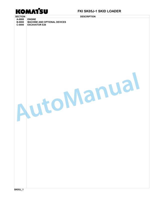 Komatsu FKI SK05J-1 Skid Loader Parts Manual 0007-UP