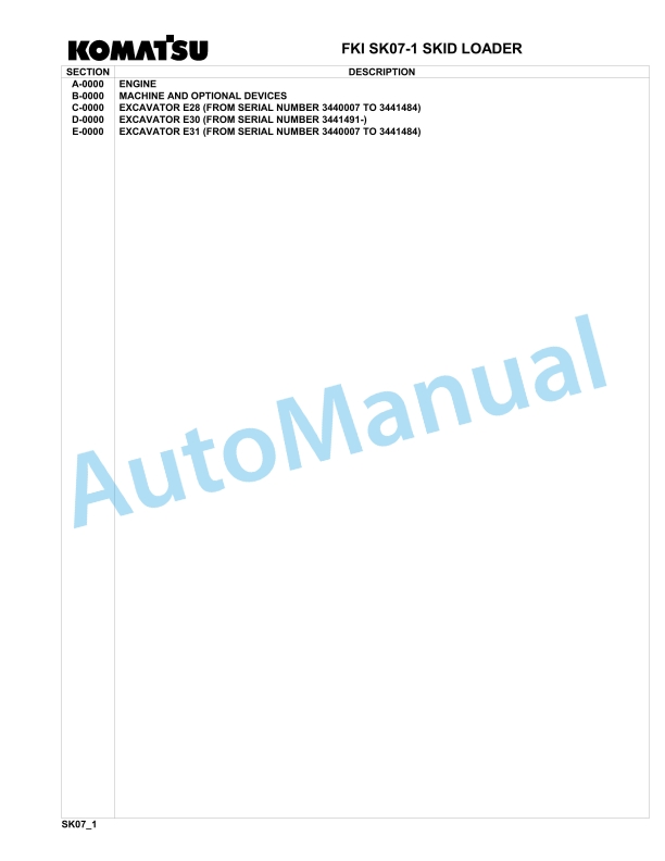 Komatsu FKI SK07-1 Skid Loader Parts Manual 3440007-UP