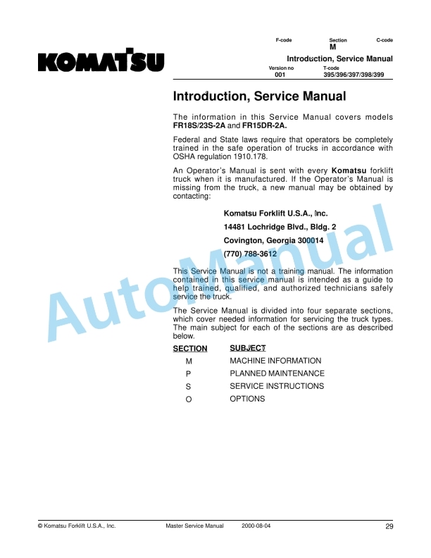 Komatsu FR18S-2A, FR23S-2A, FR15DR-2A Forklift Truck Service Manual