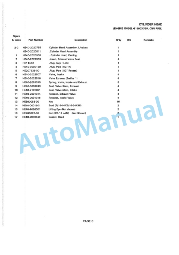Komatsu G1600 Gasoline Engine Parts Manual KO-PM169-2
