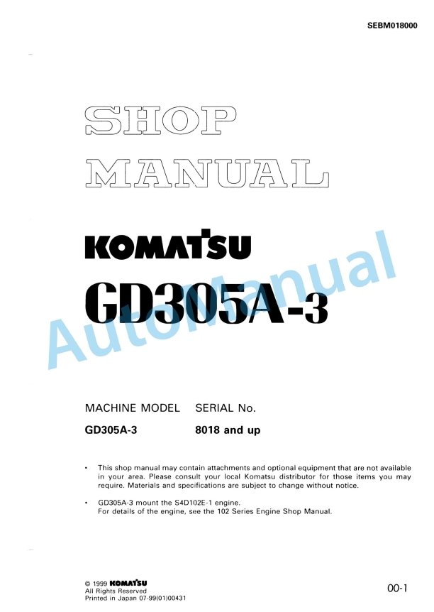 Komatsu GD305A-3 Motor Grader Shop Manual SEBM018000