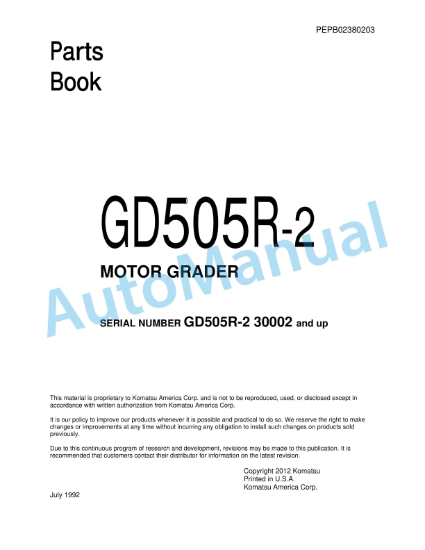 Komatsu GD505R-2 Motor Grader Parts Manual PEPB02380203