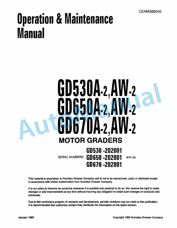 Komatsu GD530A-2, GD650A-2, GD670A-2, AW-2 Motor Grader Operation and Maintenance Manual CEAMG65040