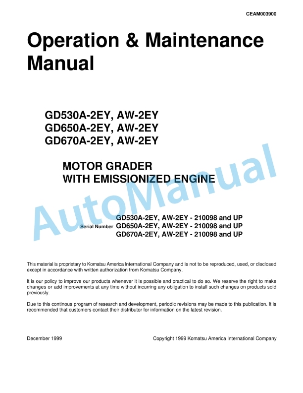 Komatsu GD530A-2EY, GD650A-2EY, GD670A-2EY, AW-2EY Motor Grader Operation and Maintenance Manual CEAM003900
