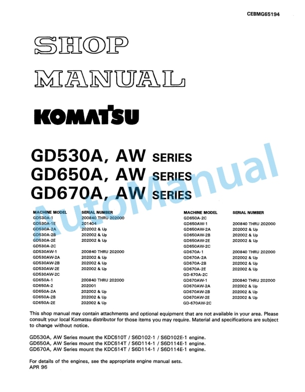 Komatsu GD530A, GD650A, GD670A, AW Series Shop Manual CEBMG65194